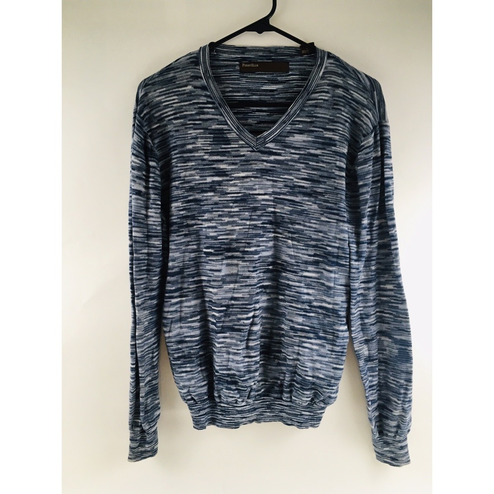 PERRY ELLIS Sweater Women's Size Medium Blue White V-Neck Lightweight Pullover
